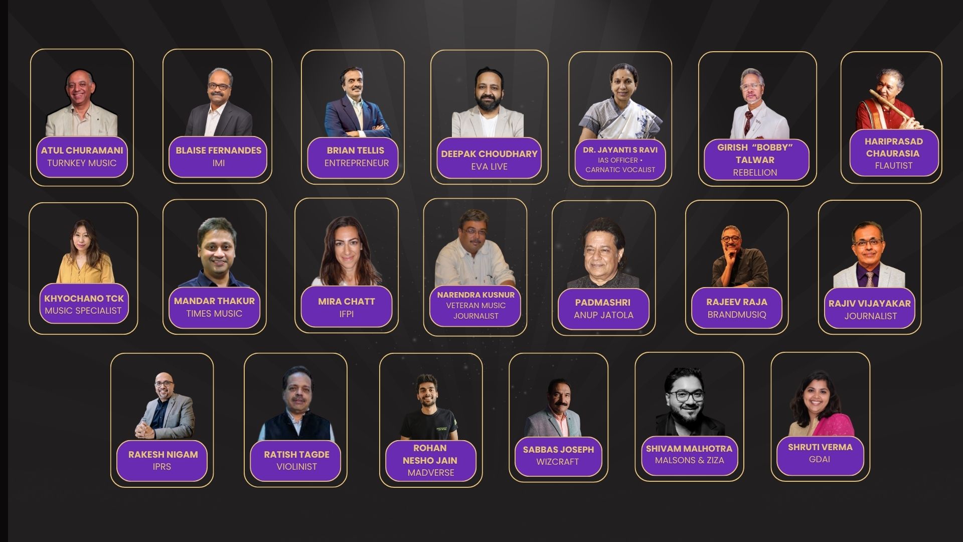 BME 2026 Jury Members - Atul Churamani, Blaise Fernandes, Brian Tellis, Deepak Choudhary, Dr. Jayanti Ravi, Girish Bobby Talwar, Hariprasad Chaurasia, Khyochano Tok, Mandar Thakur, Mira Chatt, Narendra Kusnur, Padmashri Anup Jalota, Rajeev Raja, Rajiv Vijayakar, Rakesh Nigam, Ratish Tagde, Rohan Nesho Jain, Sabbas Joseph, Shivam Malhotra, and Shruti Verma
